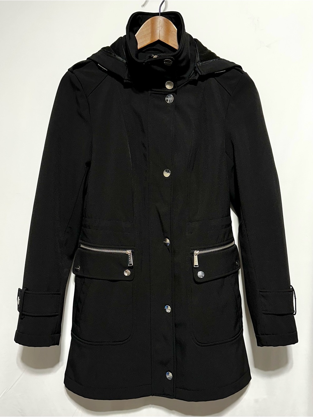 DKNY Black Hooded Softshell Trench Coat XS Fleece Lined Zip Pocket Jacket